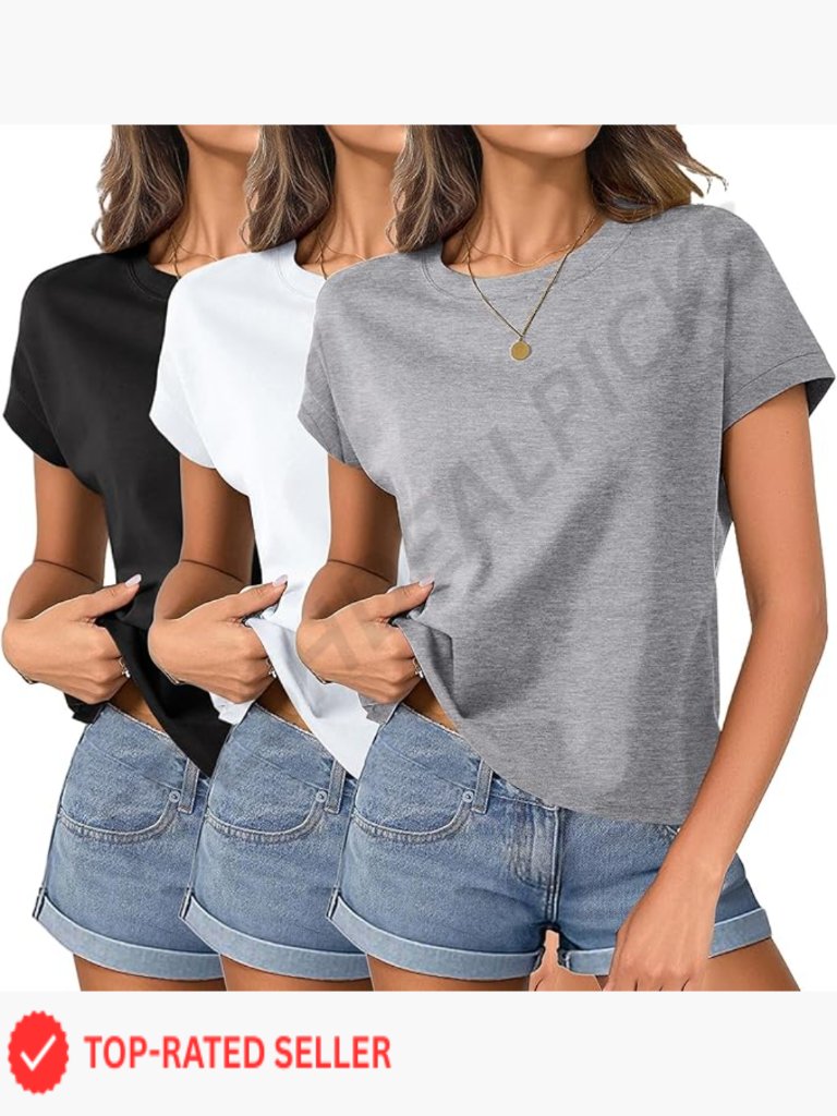 Womens 3 Pack Cap Sleeve T Shirts Boxy Cropped Tee Loose Fit Cotton Crewneck